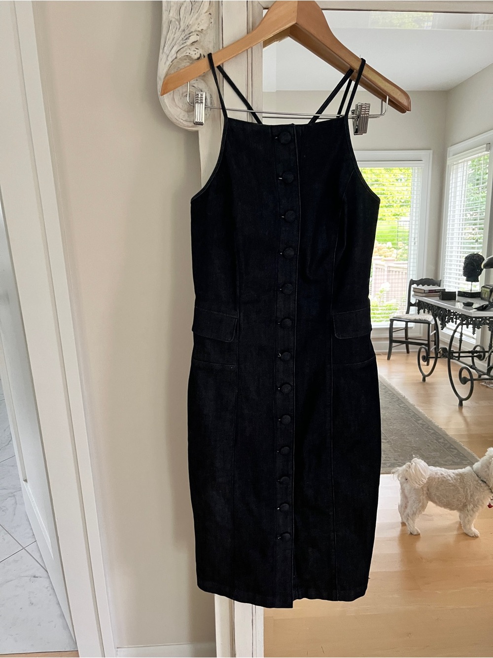 White House Black Market black denim sheath sun dress. Fitted.